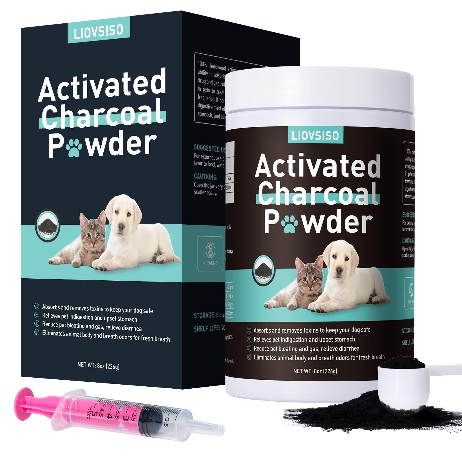 Activated Charcoal for Dogs -Pet First Aid Kit Detox Powder 8oz - for All Pets & Livestock - Poisoning, Diarrhea, Gas Relief