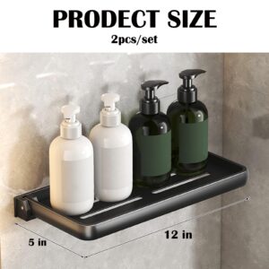 2pcs Bathroom Shelves Wall Mounted Foldable Shelf for Bathroom 12inch Waterproof Metal Shower Shelf Rack for Laundry Toilet Room Wall Organizer, Black