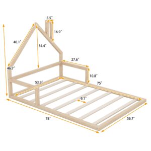 Harper & Bright Designs Full Size Floor Bed with House-Shaped Headboard, Full Montessori Floor Bed Frame, Full Platform Bed, Full House Bed for Kids Teens Girls Boys,No Box Spring Needed (Natural)