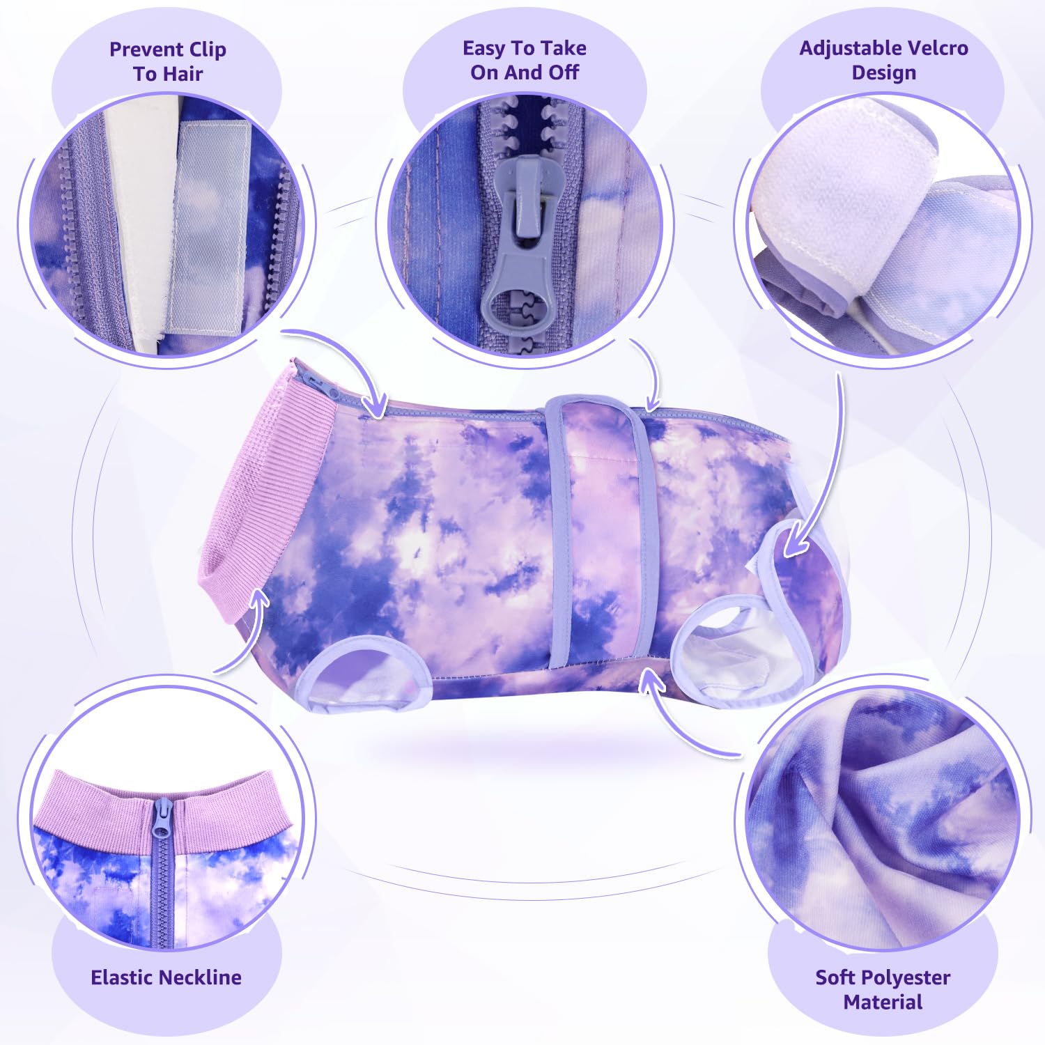 Lukovee Recovery Suit for Dogs, Zipper On Recovery Suit for Female Male Dog, Onesie Abdominal Wounds Cone E-Collar Alternative Prevent Licking Spay Recovery Suit (Purple Tie-dye,Large)