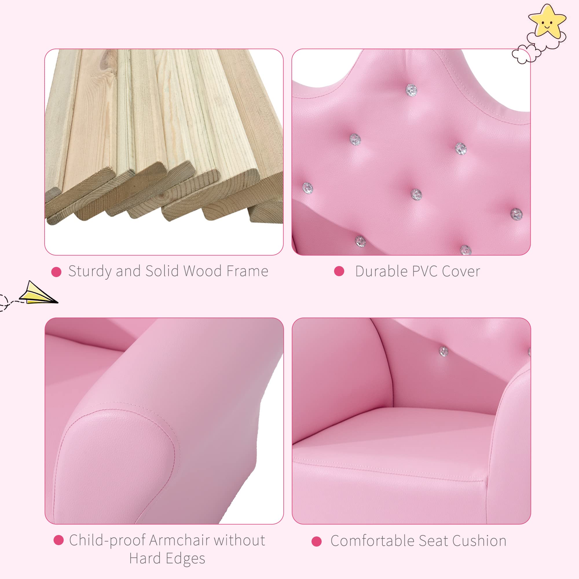 Qaba Kids Sofa Set, Children's Upholstered Sofa with Footstool, Princess Sofa with Diamond Decorations, Baby Sofa Chair for Toddlers, Girls, Pink