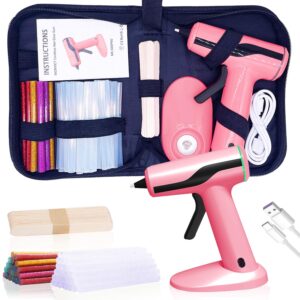 monvict cordless hot glue gun kit, usb-c rechargeable mini pink glue gun with 40 pcs premium glue sticks, 10 pcs craft sticks, carrying case, smart power-off hot melt glue gun for diy craft gift