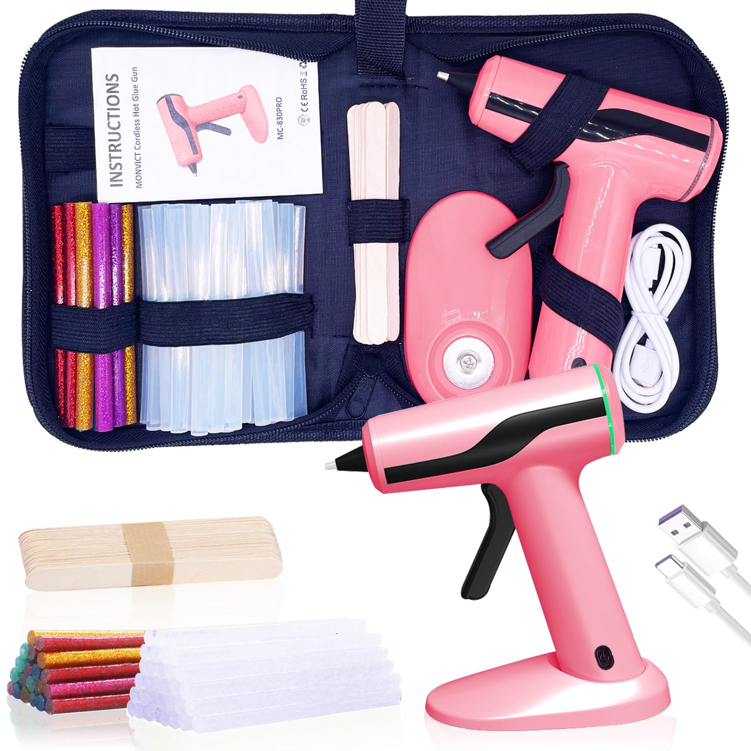 MONVICT Cordless Hot Glue Gun Kit, USB-C Rechargeable Mini Pink Glue Gun with 40 Pcs Premium Glue Sticks, 10 Pcs Craft sticks, Carrying Case, Smart Power-Off Hot Melt Glue Gun for DIY Craft Gift