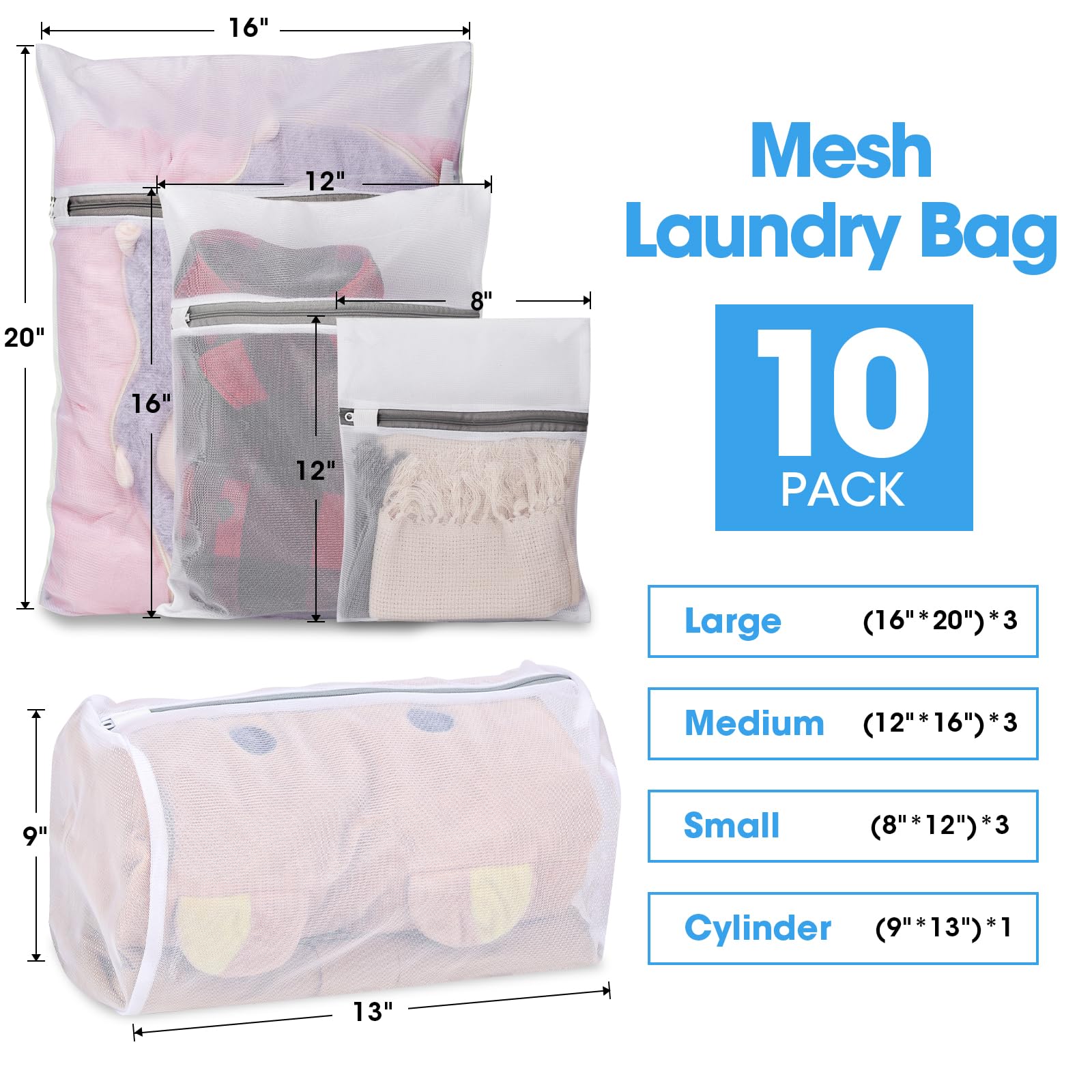 CXYARY 10PCS Mesh Laundry Bags for Delicates, 4 Sizes Laundry Bag Mesh Wash Bags With Premium Zipper, Durable Lingerie Wash Bag, Travel Laundry Bag (3 Large, 3 Medium, 3 Small, 1 Cylinder)