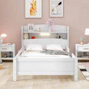 Bellemave Twin Bed Frame with Storage Headboard, White - Solid Wood Kids Bed with Built-in LED Light, Guardrail & Slats - 87L x 43W x 31.2H inches - Includes Tools for Assembly