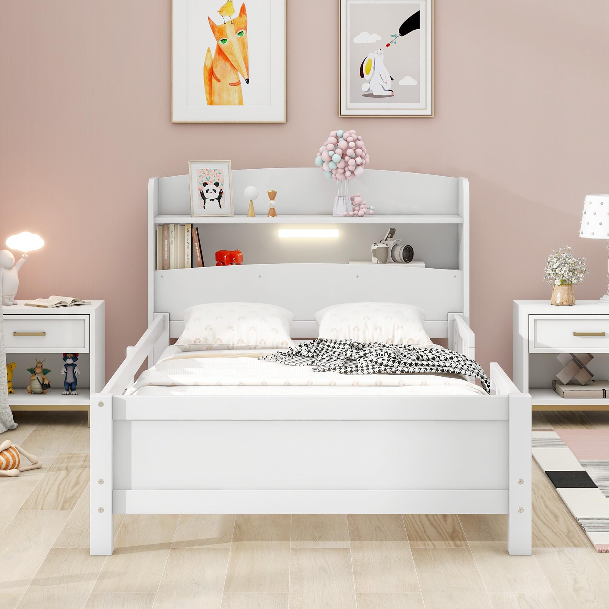 Bellemave Twin Bed Frame with Storage Headboard, White - Solid Wood Kids Bed with Built-in LED Light, Guardrail & Slats - 87L x 43W x 31.2H inches - Includes Tools for Assembly