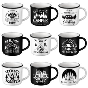 mumufy 9 pcs enamel camping coffee mugs 12 oz happy campers campfire tea cups black white travel drinking mugs with handle vintage tea cups for coffee, tea, milk travel mug camping lover holiday gifts