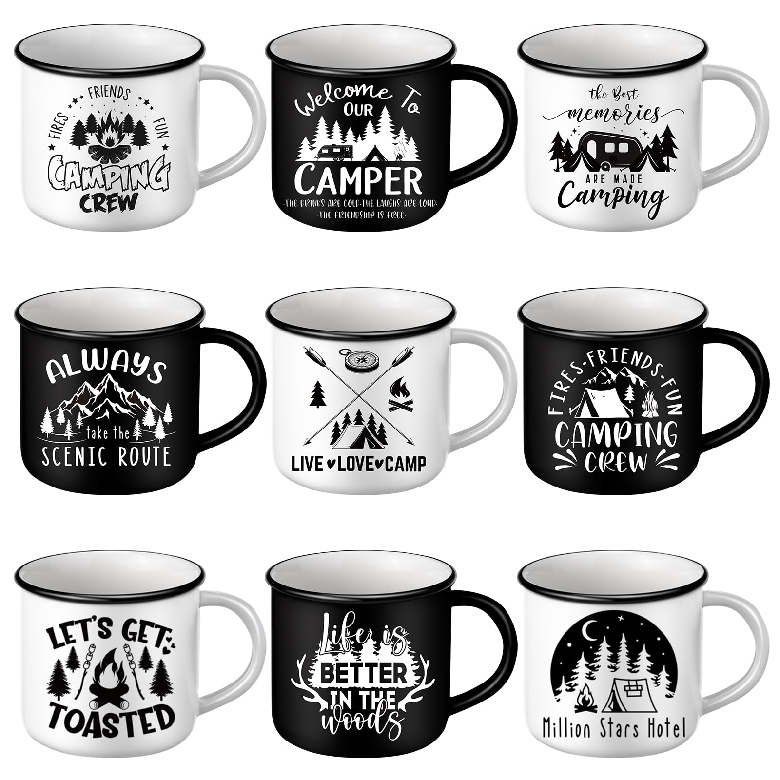 Mumufy 9 Pcs Enamel Camping Coffee Mugs 12 oz Happy Campers Campfire Tea Cups Black White Travel Drinking Mugs with Handle Vintage Tea Cups for Coffee, Tea, Milk Travel Mug Camping Lover Holiday Gifts