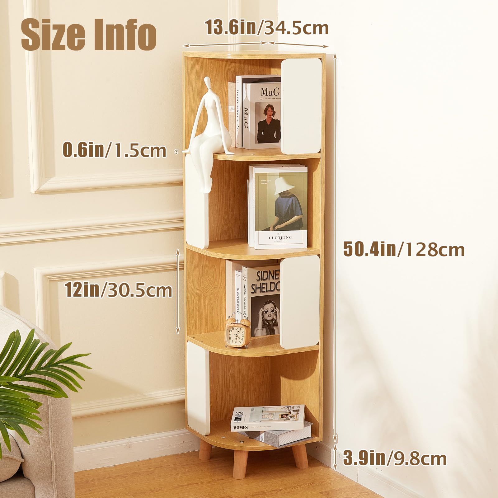 SELFLA 4-Tier Wood Corner Bookshelf, Nordic Style Modern Book Shelf, Tall Shelf & Thickened Wooden Layers, Sturdy Standing Bookcase for Living Room/Bedroom/Office, Easy to Assemble - Natural & White