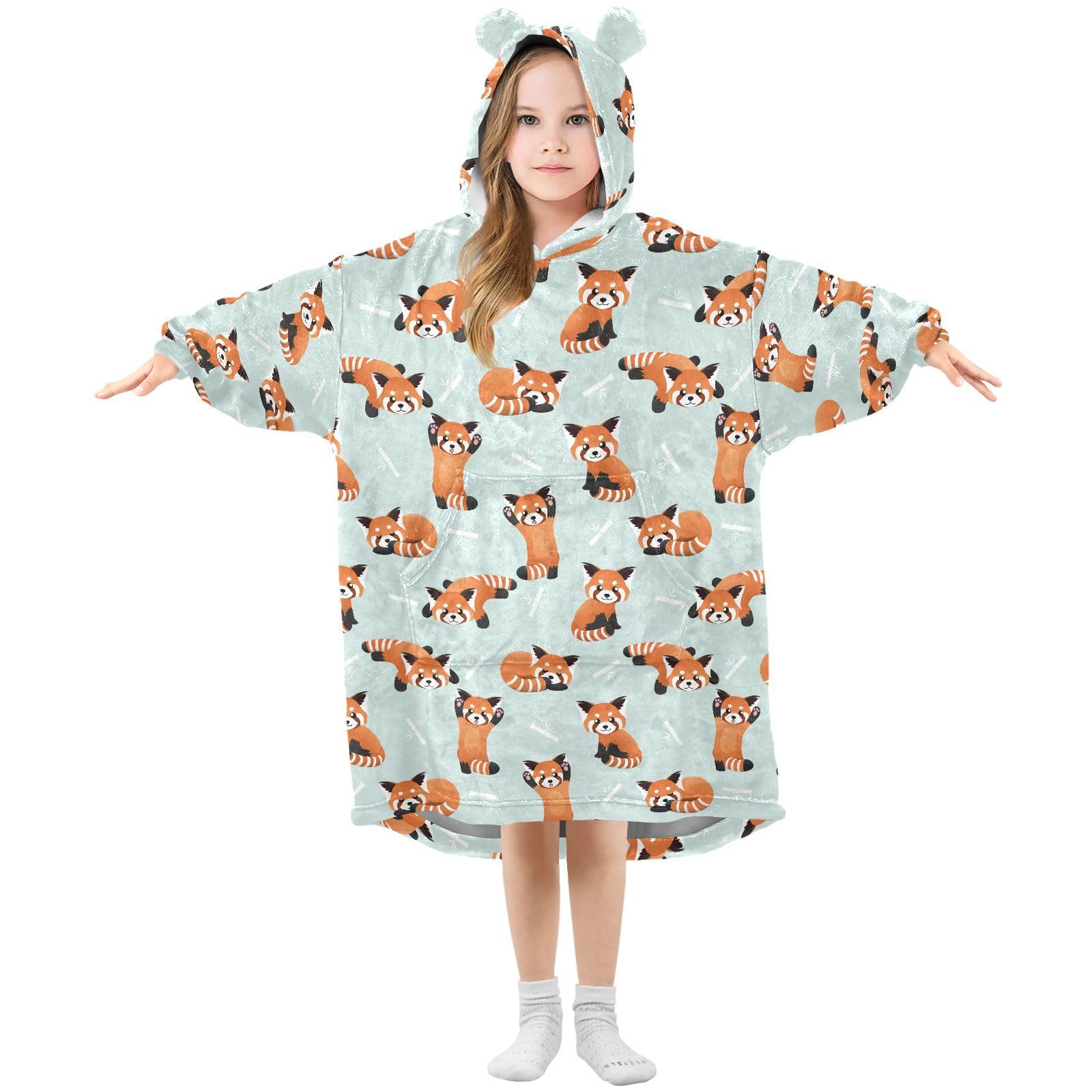 JHKKU Cute Red Panda Wearable Blankets for Kids, Oversized Flannel Blanket Hoodie for Kids, Warm Blanket Hoodie for Boys Girls with Pockets