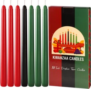 set of 7 kwanzaa taper candles, 3 red, 3 green, 1 black mishumaa saba candle set, 10 inch dripless tall candle stick for kwanzaa, 7-7.5 hour burn time