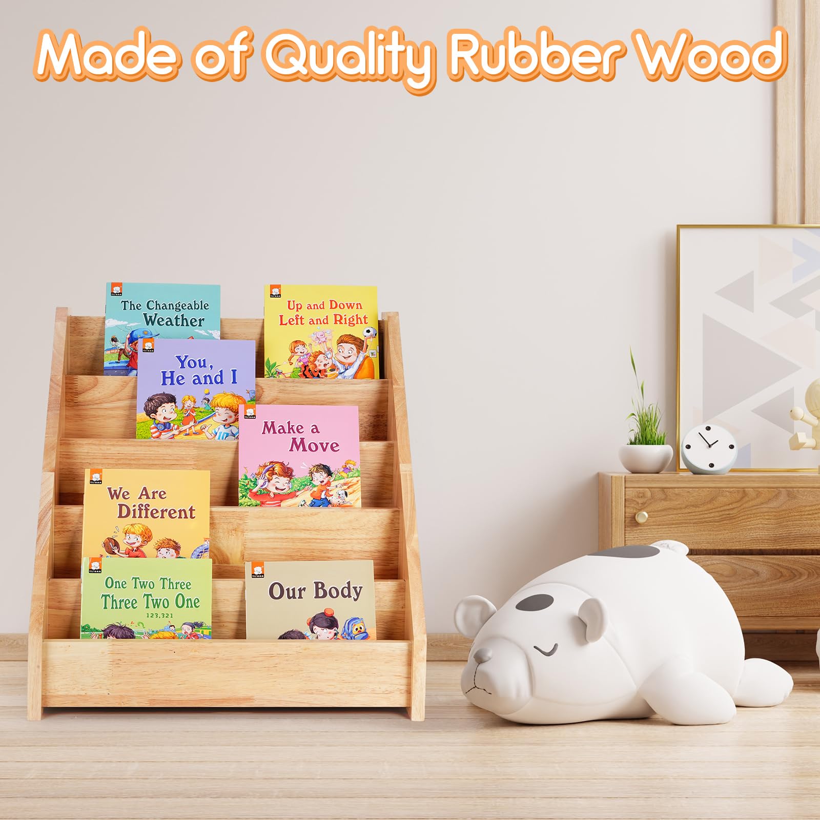 Barydat Toddlers Bookshelf Front Facing Kid Book Display Stand Anti Tilting Device Natural Rubber Wood Baby Bookshelf Child Bookcase for Nursery Classroom Back to School Gift 18" H x 18.5" L x 12" W