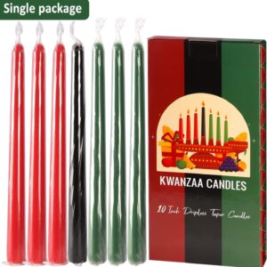 Set of 7 Kwanzaa Taper Candles, 3 Red, 3 Green, 1 Black Mishumaa Saba Candle Set, 10 Inch Dripless Tall Candle Stick for Kwanzaa, 7-7.5 Hour Burn Time