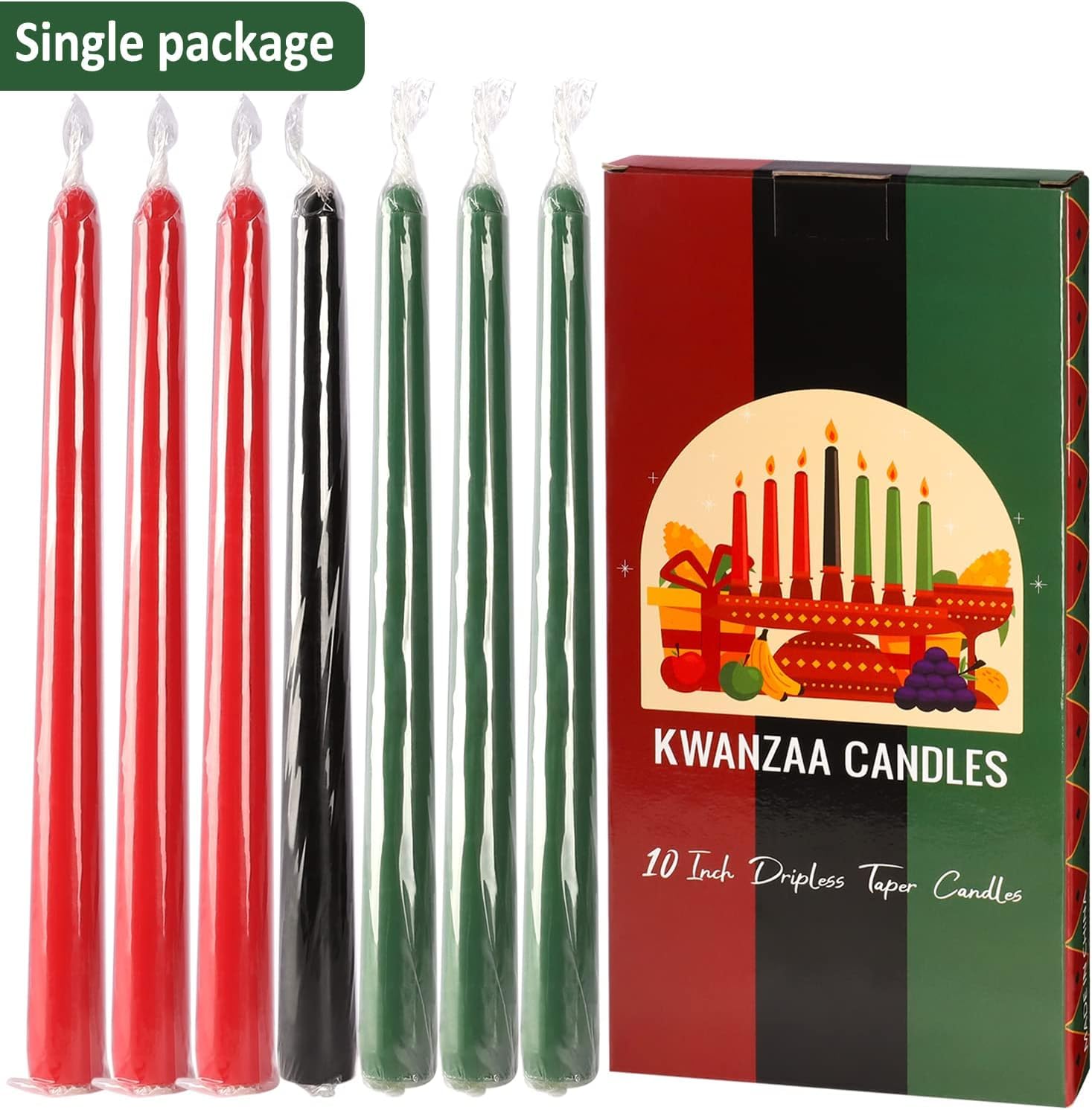 Set of 7 Kwanzaa Taper Candles, 3 Red, 3 Green, 1 Black Mishumaa Saba Candle Set, 10 Inch Dripless Tall Candle Stick for Kwanzaa, 7-7.5 Hour Burn Time