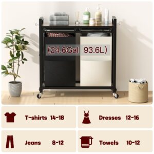 Laundry Hamper with 2 Section, Laundry Basket with Wheels, 2 x 12.3 Gallons Removable Bags, Metal Frame Laundry Baskets, Laundry Sorter for Room, Bathroom, Living Room (Black+Beige)