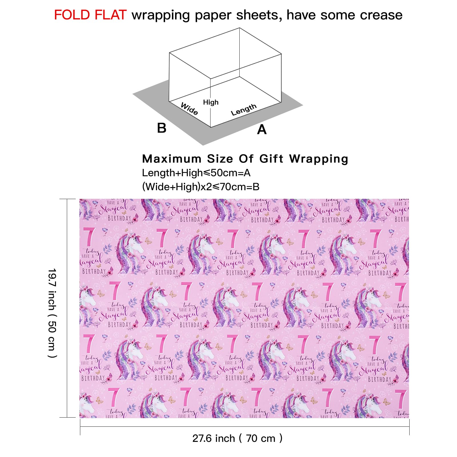 RUSPEPA Birthday Wrapping Paper Sheets with 7 Year Old Pink Pattern Great for Birthday Gift Wrap, 6 Fold on Sheets Each Set, 27 inches x 19 inches