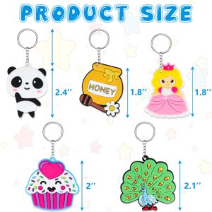 65 PCS Cartoon Keychains for Kids Party Favors Bulk Key Chain with Video Game, Ball, Guitar, Dinosaur, Donut, Glow-in-the-dark Unicorn Keychains Suitable for School Day Birthday Party Supplies Gifts