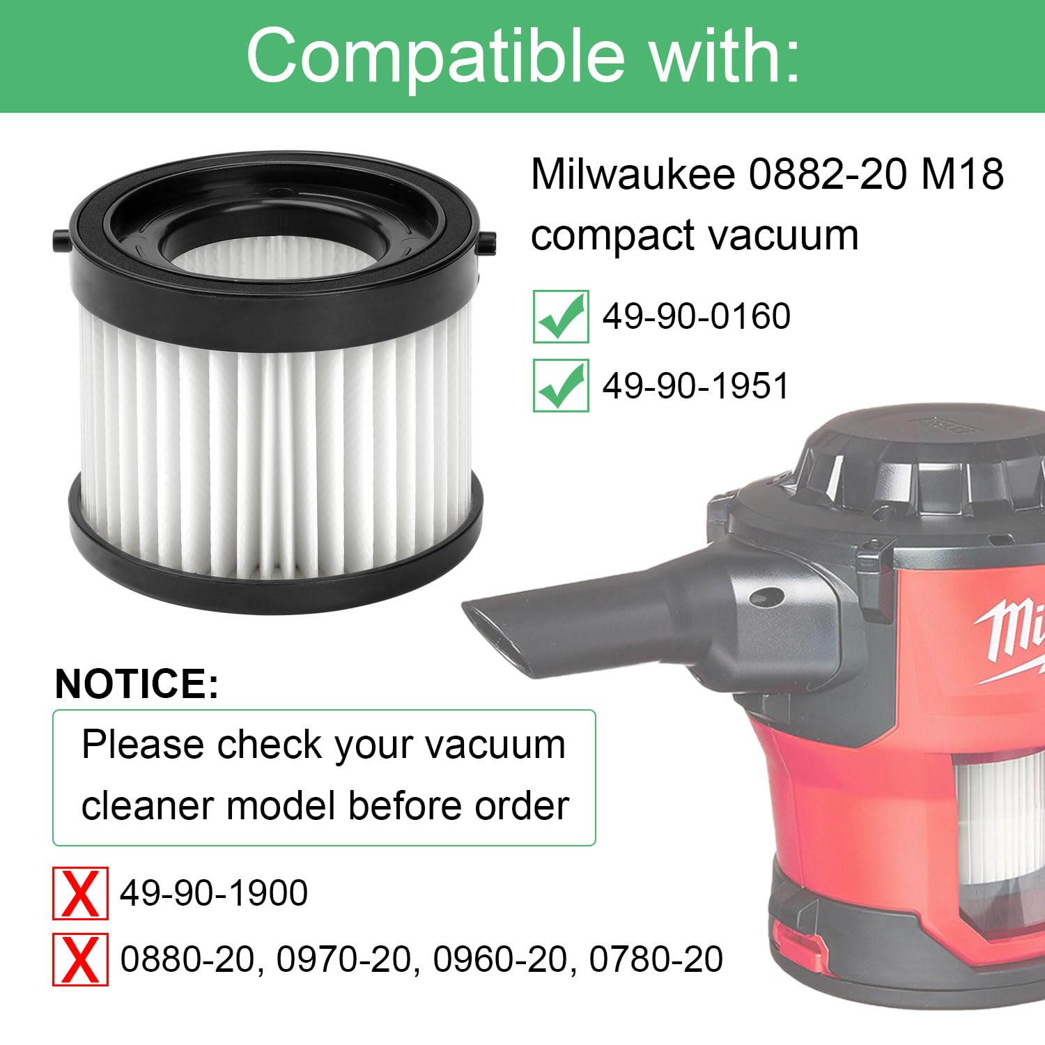 4 Pack Vacuum Filter Replacement Compatible with Milwaukee 49-90-0160, 0882-20 M18 Compact Vacuum Wet Dry Cartridge Filters Washable and Reusable