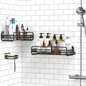 RelaxScene Shower Caddy Shelf - Self Adhesive 3-Pack Bathroom Organizer Suction Storage with Soap/Shampoo Holder Shelves Rack for Inside Shower Black