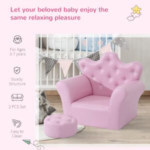 Qaba Kids Sofa Set, Children's Upholstered Sofa with Footstool, Princess Sofa with Diamond Decorations, Baby Sofa Chair for Toddlers, Girls, Pink