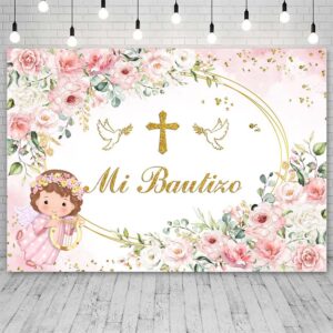 AIBIIN 7x5ft Pink Mi Bautizo Backdrop for Girls Baby Shower God Bless First Holy Communion Background Oval Mexican Baptism Party Flowers Decorations Banner Props