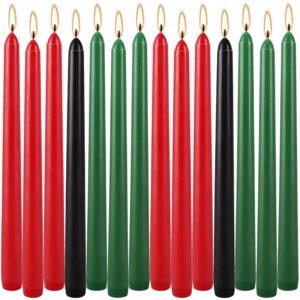 set of 14 kwanzaa taper candles, 6 red, 6 green, 2 black mishumaa saba candle set, 10 inch dripless tall candle stick for kwanzaa, 7-7.5 hour burn time