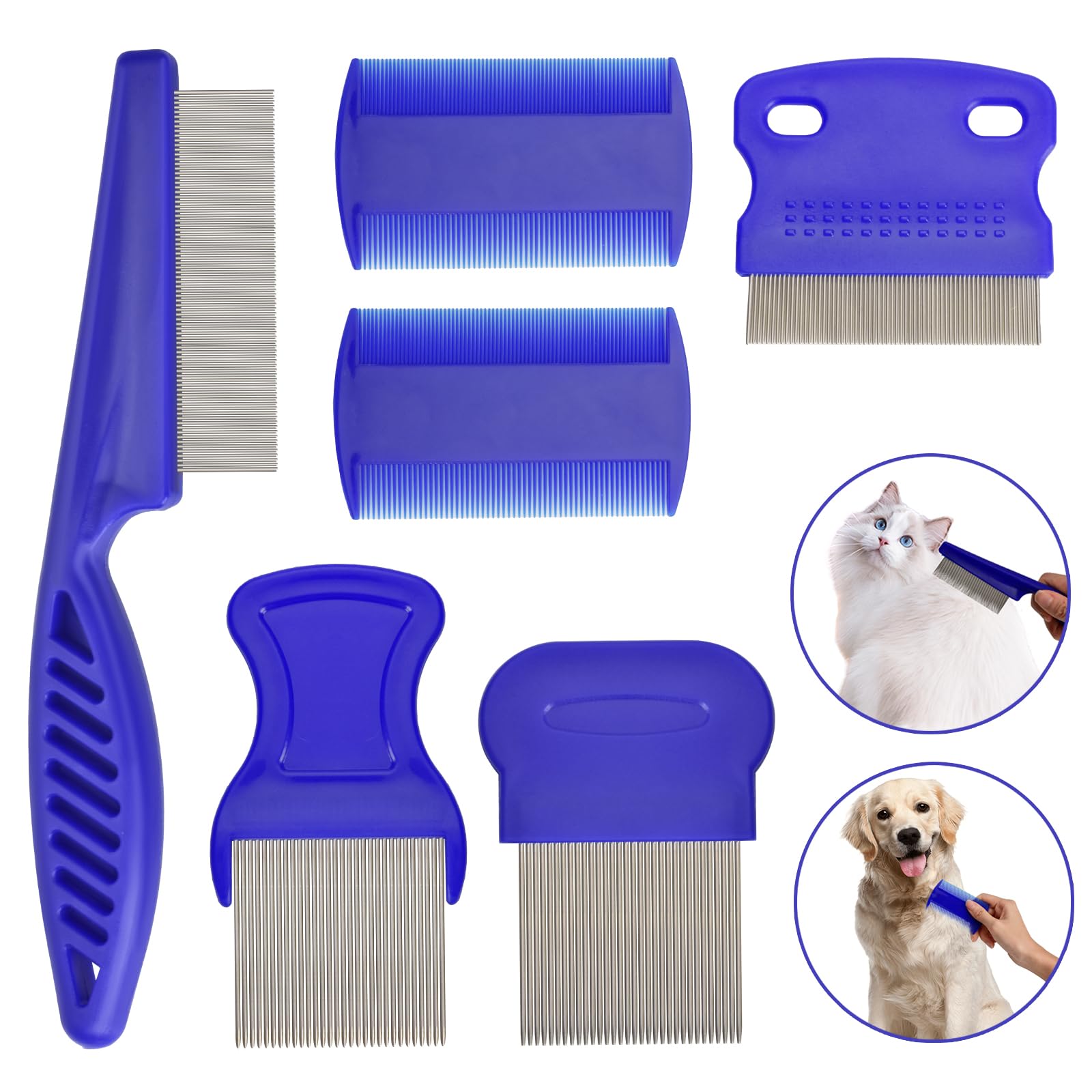 Flea Comb for Cats Dogs, 6 Pack Pet Lice Comb Set Pet Grooming Pets for Small, Medium & Large Pets (Blue)