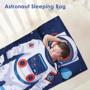 Kids Sleeping Bag Toddler Nap Mat with Removable Pillow, Large Foldable Sleeping Bag for Girls Boys, Easy Clean Slumber Bag with Double Zip for Camping School Preschool Daycare, 59×23 inch Astronauts