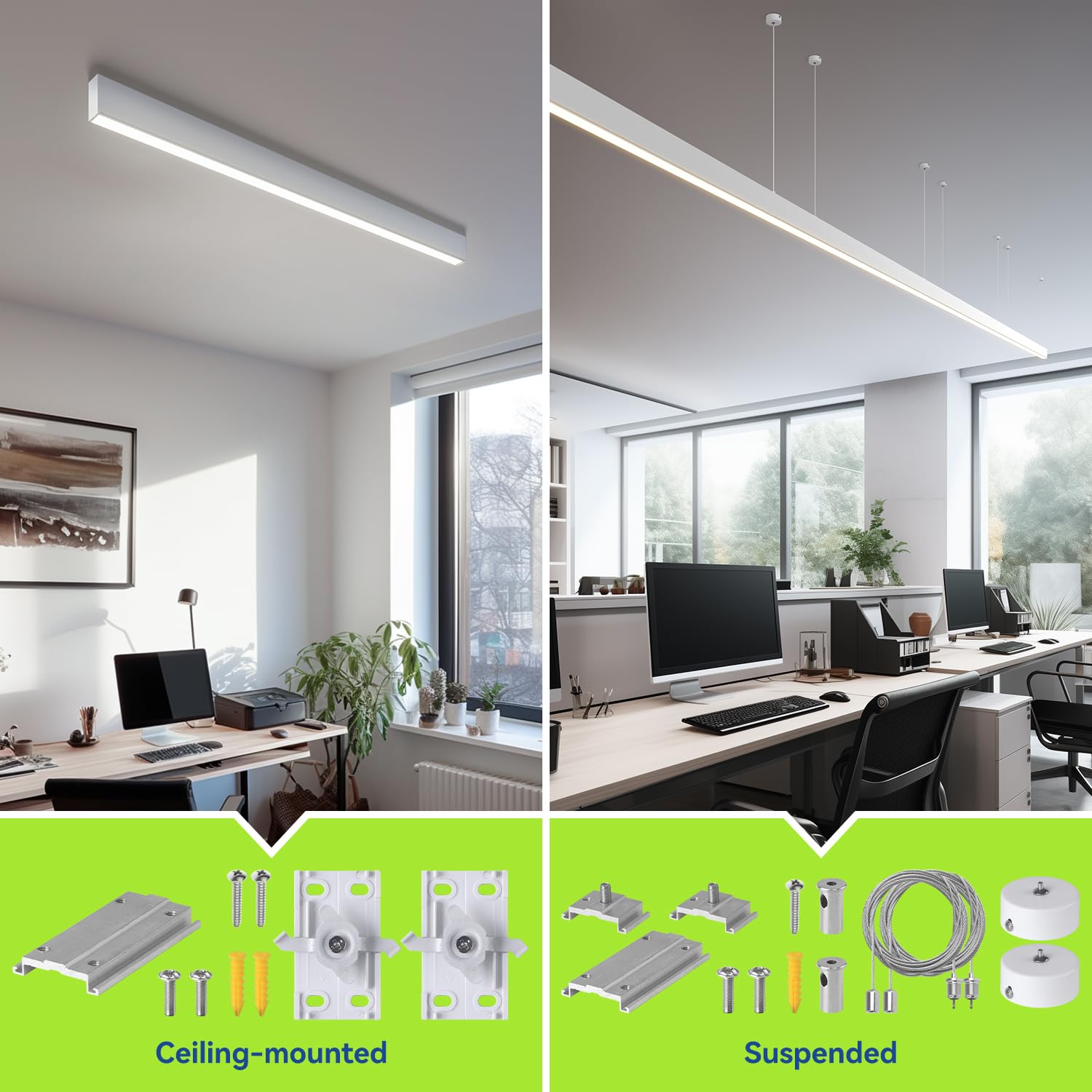 Monios-L LED Linear Light with Remote Control, Seamless Connection, 3000K to 6000k CCT Selectable, 4FT Stepless Dimmable, 36W Linkable Ceiling Shop Light, Suspended Office Lighting Fixture, 4 Packs