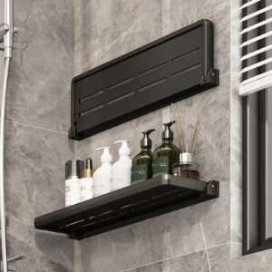 2pcs Bathroom Shelves Wall Mounted Foldable Shelf for Bathroom 12inch Waterproof Metal Shower Shelf Rack for Laundry Toilet Room Wall Organizer, Black