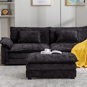 Oprisen 85.4” Comfy Cloud Chenille Sofa Couch, Cozy Deep Seat Sectional Sofa w/Chaise, Upholstered Modern L-Shaped Modular Loveseat for Livingroom Bedroom Apartment Office Office (Black)