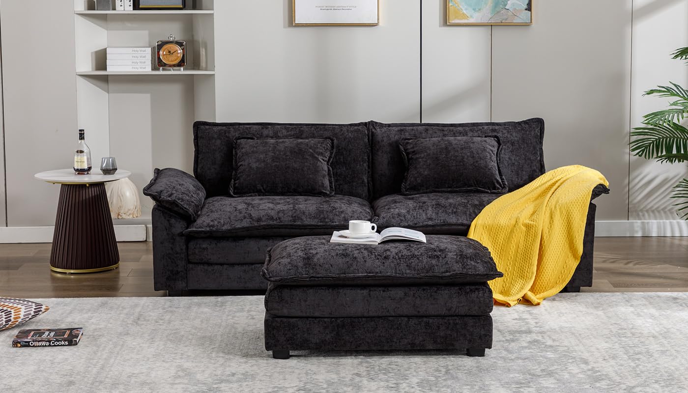 Oprisen 85.4” Comfy Cloud Chenille Sofa Couch, Cozy Deep Seat Sectional Sofa w/Chaise, Upholstered Modern L-Shaped Modular Loveseat for Livingroom Bedroom Apartment Office Office (Black)