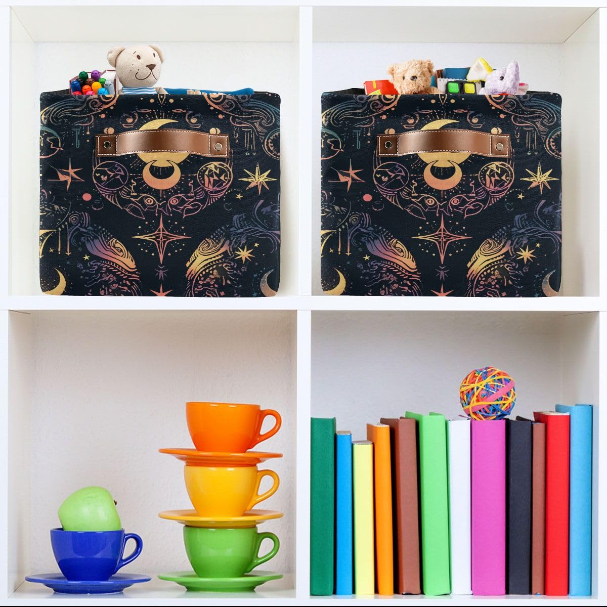 Storage Basket Mystic Astrology Magic Occult Symbol Around Moon Durable Canvas Collapsible Toy Box Organizer Bin with Handles for Shelf Closet Bedroom Home Office