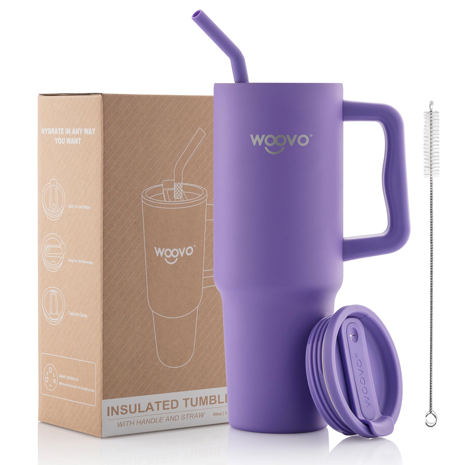 WOOVO 40oz Tumbler with Handle, Purple Insulated Tumbler Cups with Lids and Straws, BPA Free Travel Mug with Handle, Reusable Double Wall Stainless Steel Water Mug, Slim Cup for Women Girl