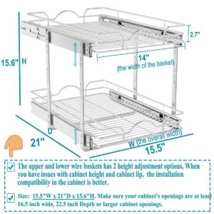 OCG 2 Tier Pull Out Cabinet Organizer (15.5" W x 21" D), Pull Out Drawers for Kitchen Cabinets, Pull Out Shelves for Base Cabinet Organization in Kitchen Bathroom Pantry, Chrome Finish