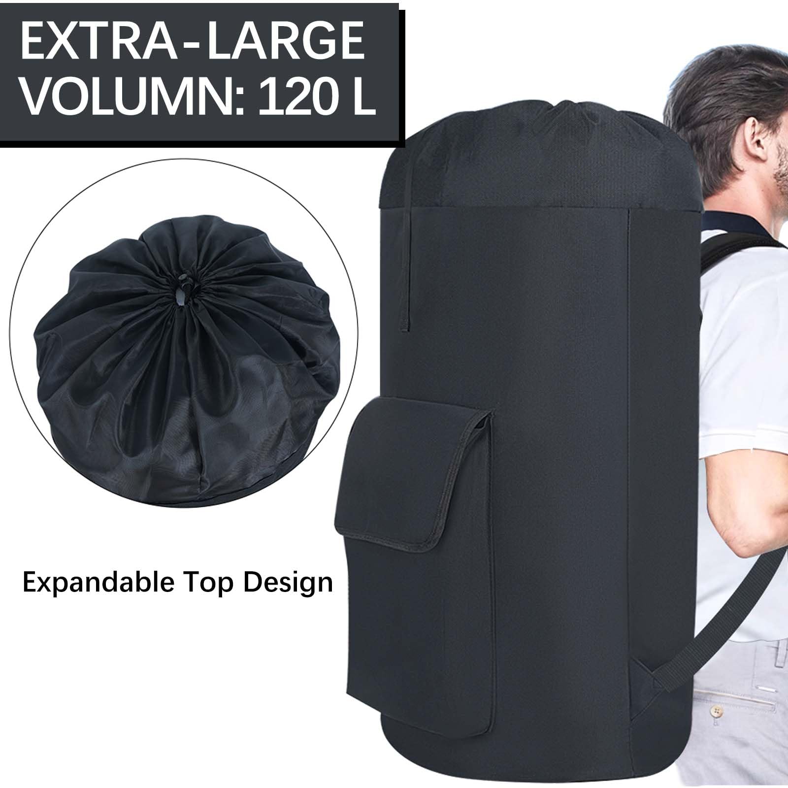 Siaomo Backpack Laundry Bag, 120L Heavy Duty Large Laundry Bag with Shoulder Straps, Adjustable & Extendable Design, Durable Oxford Clothes Hamper Bag for Laundromat, College, Travel, Camping Black