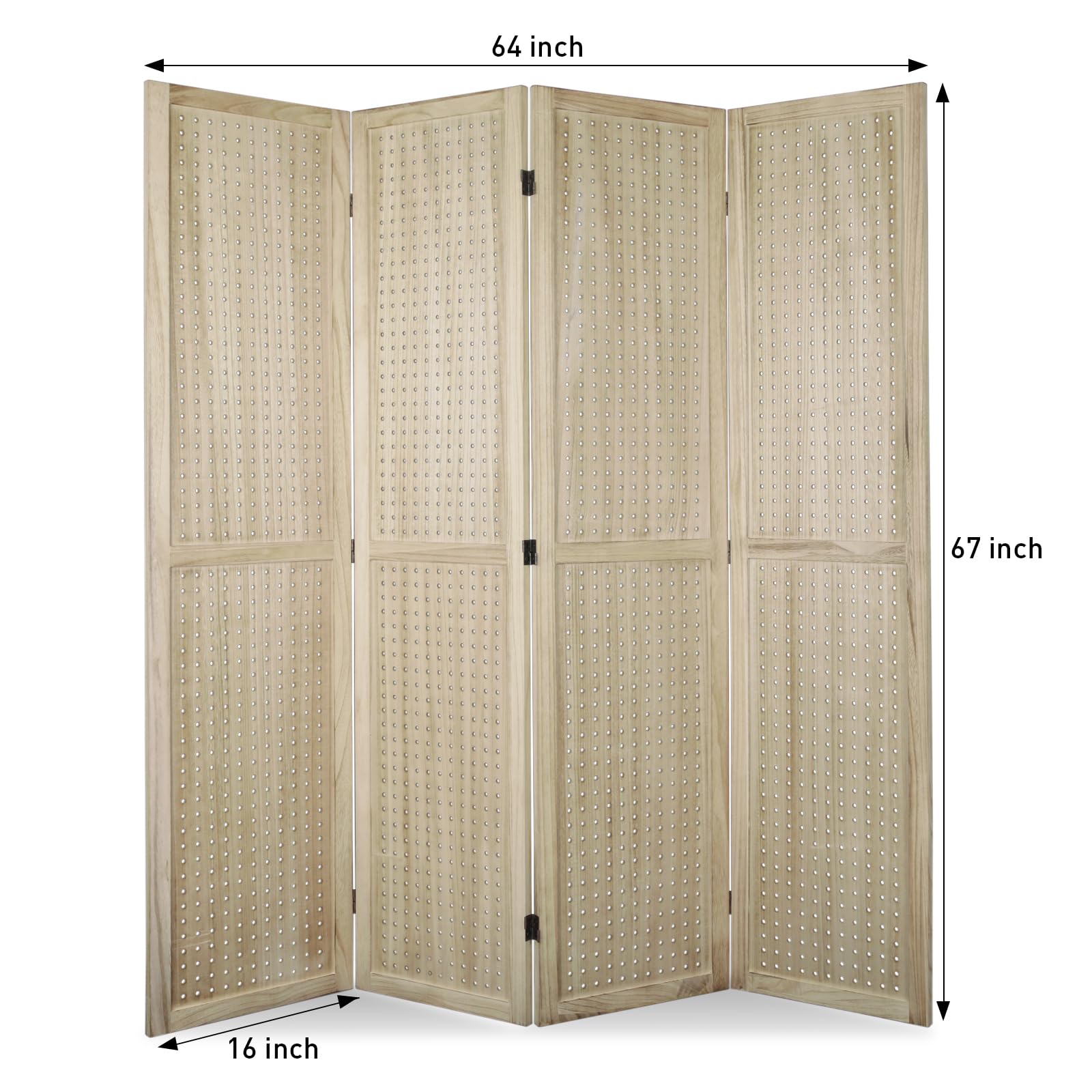 ECOMEX 4 Panel Room Divider, 5.6Ft Pegboard Display Wooden Room Divider Folding Privacy Screen Room Divider Freestanding Peg Board Display for Trade Show Craft Show Home Wall Organizer, Natural Wood