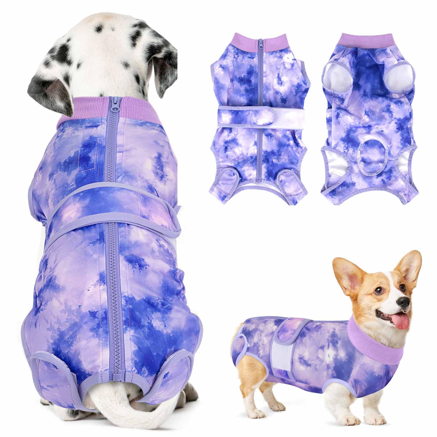 Lukovee Recovery Suit for Dogs, Zipper On Recovery Suit for Female Male Dog, Onesie Abdominal Wounds Cone E-Collar Alternative Prevent Licking Spay Recovery Suit (Purple Tie-dye,Large)