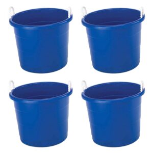 homz 17-gallon plastic multipurpose utility storage bucket tub with strong rope handles for indoor and outdoor use, blue (4 pack)