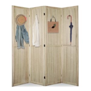 ecomex 4 panel room divider, 5.6ft pegboard display wooden room divider folding privacy screen room divider freestanding peg board display for trade show craft show home wall organizer, natural wood