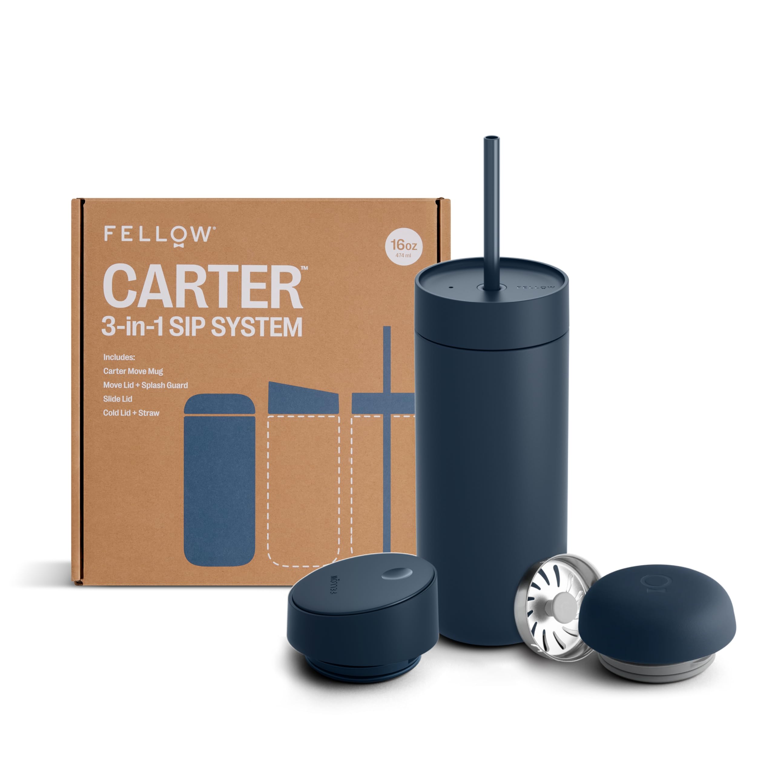 Fellow 16 oz Carter Bundle (3 in 1) Travel Mug with Slide-Lock, Move & Cold Lids with Straw - To-Go Coffee Tumbler, Ceramic Interior & Vacuum-Insulated Stainless Steel - Coffee Cups-Stone Blue