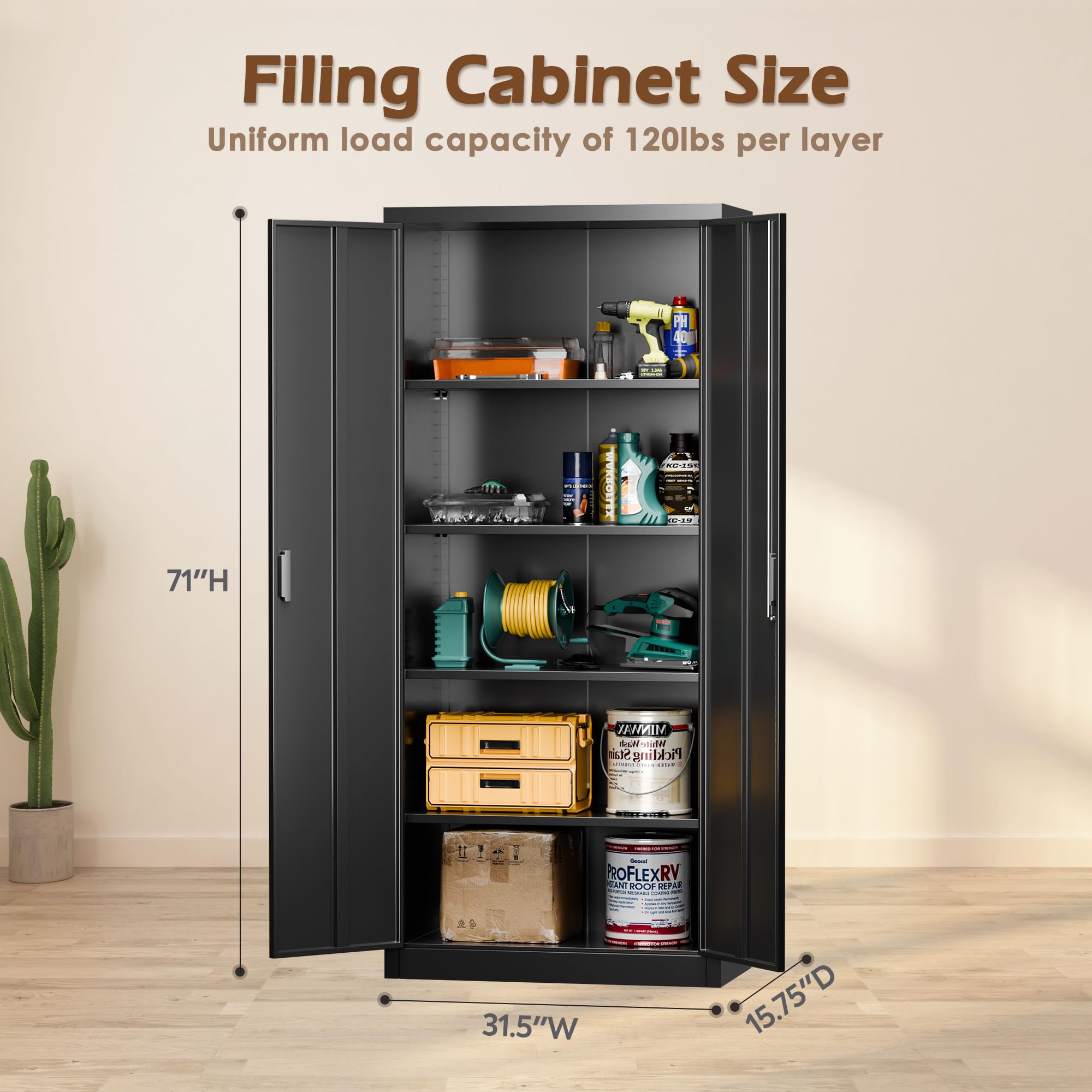 LOCENHU Metal Storage Cabinet with 2 Doors and 4 Adjustable Shelves - 71" Locking File Cabinet,Locking Tool Cabinet for Office,Home,Garage,Gym,School (Black),Requires Installation