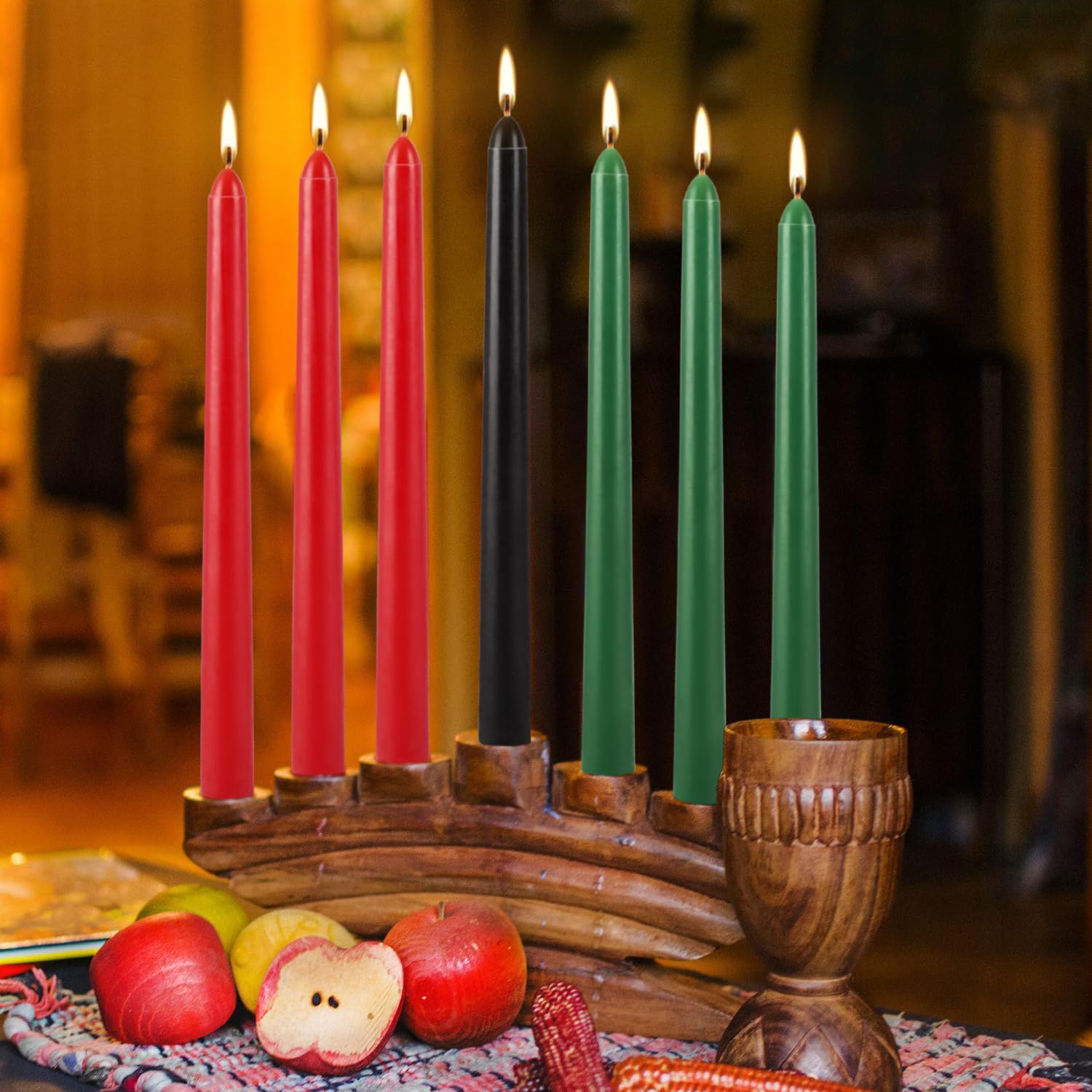 Set of 14 Kwanzaa Taper Candles, 6 Red, 6 Green, 2 Black Mishumaa Saba Candle Set, 10 Inch Dripless Tall Candle Stick for Kwanzaa, 7-7.5 Hour Burn Time