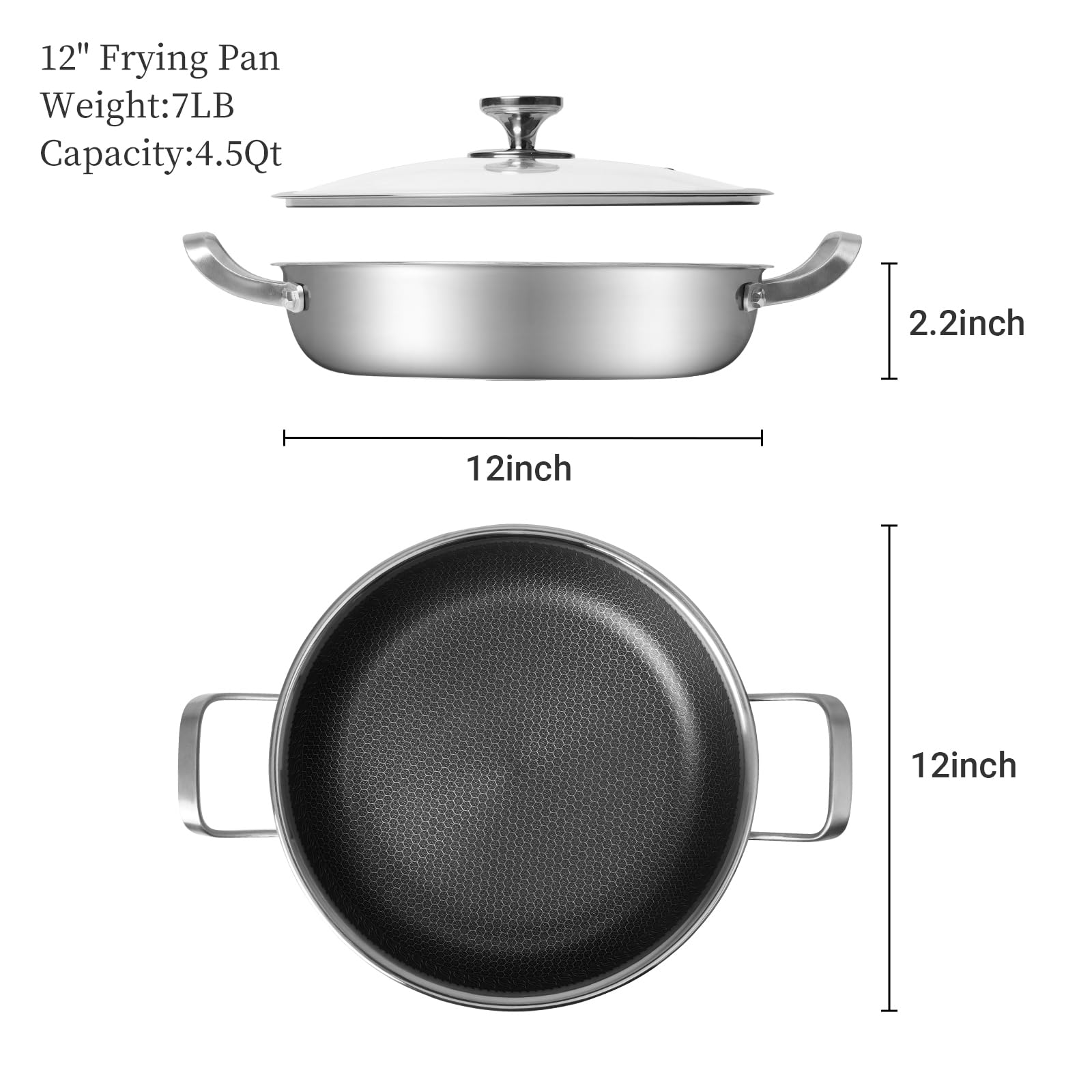 12 inch Stainless Steel Frying Pan 4.5 QT Saute Pan Non-stick Omelette Pan Skillet Frying Pan with Cooling Handle and Glass Lid for Induction, Gas, Ceramic and Electric Stovetops