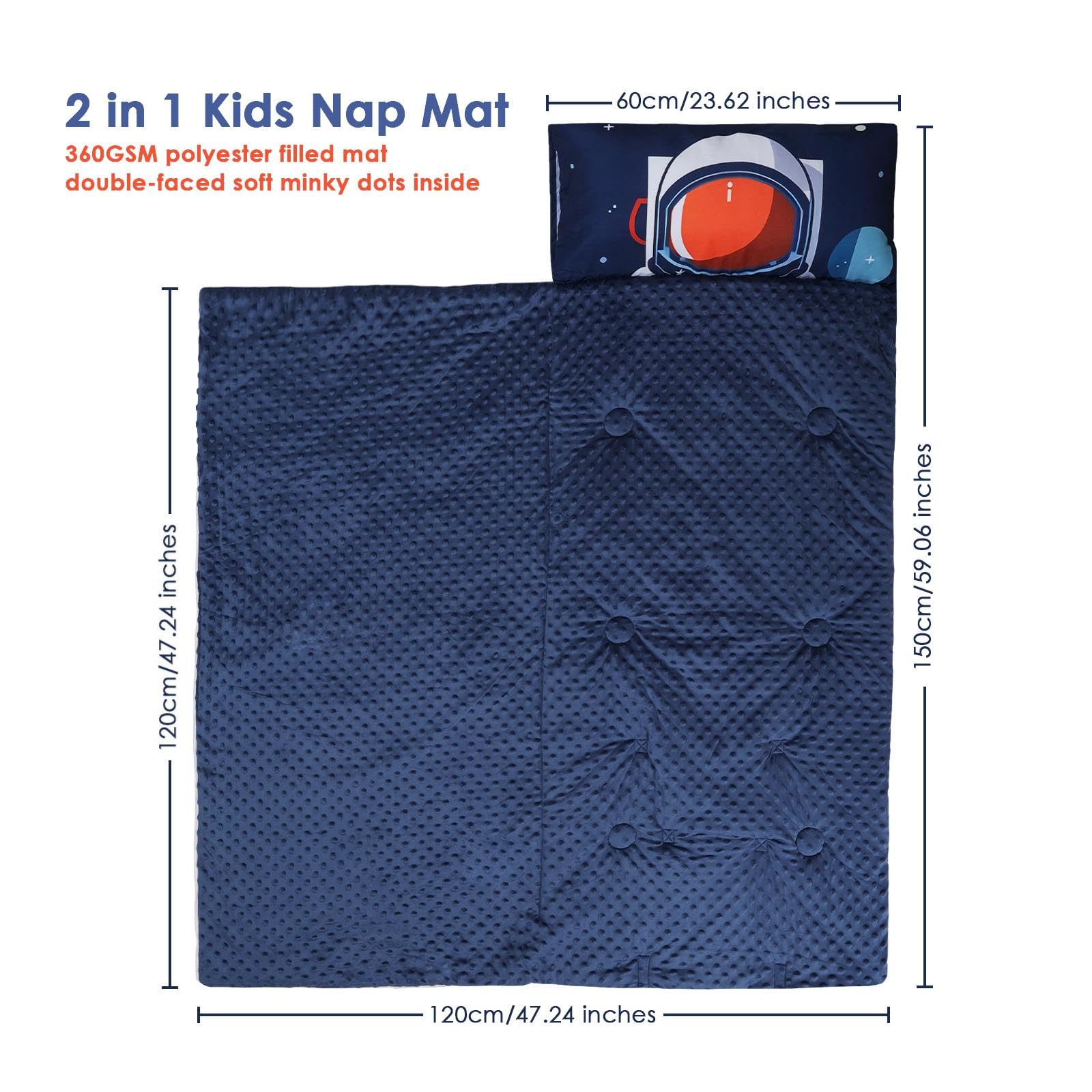 Kids Sleeping Bag Toddler Nap Mat with Removable Pillow, Large Foldable Sleeping Bag for Girls Boys, Easy Clean Slumber Bag with Double Zip for Camping School Preschool Daycare, 59×23 inch Astronauts