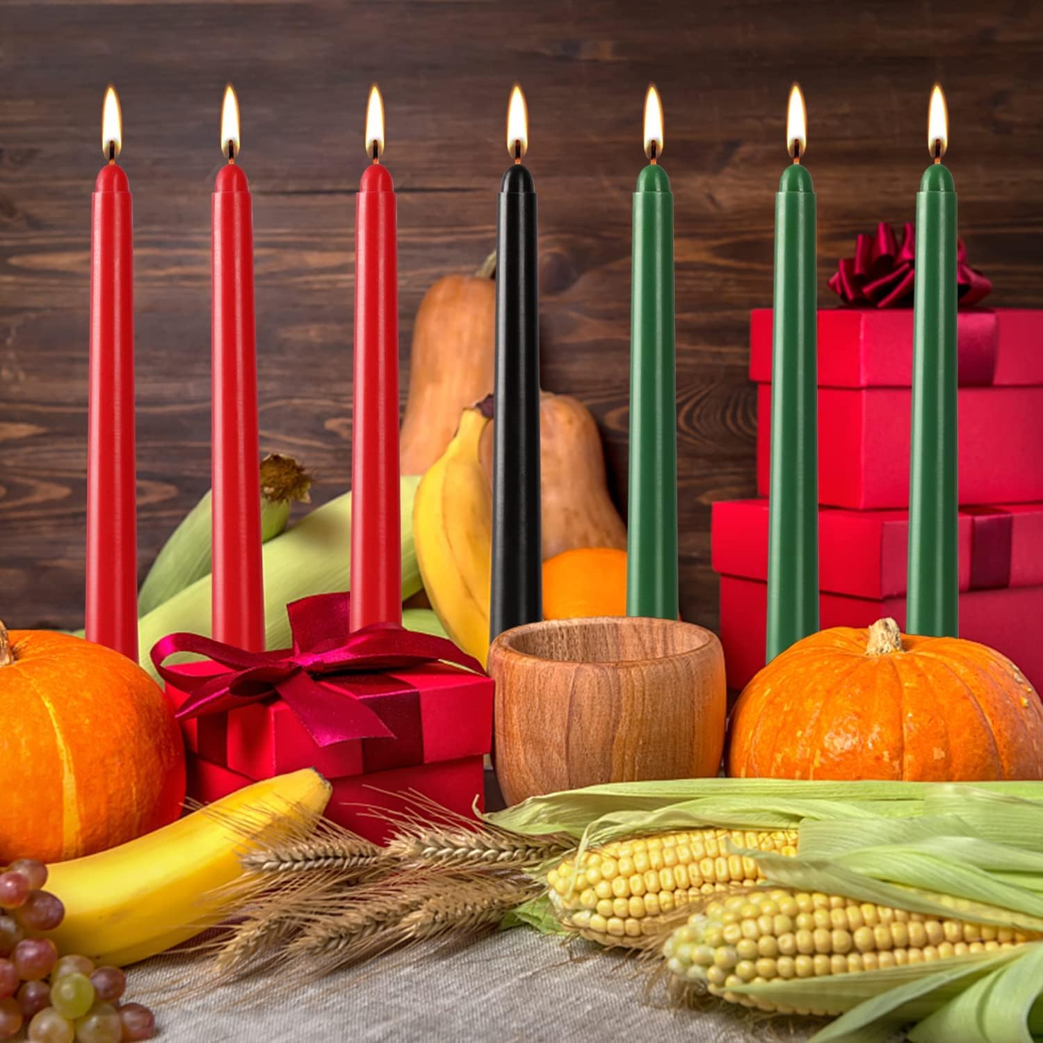 Set of 7 Kwanzaa Taper Candles, 3 Red, 3 Green, 1 Black Mishumaa Saba Candle Set, 10 Inch Dripless Tall Candle Stick for Kwanzaa, 7-7.5 Hour Burn Time