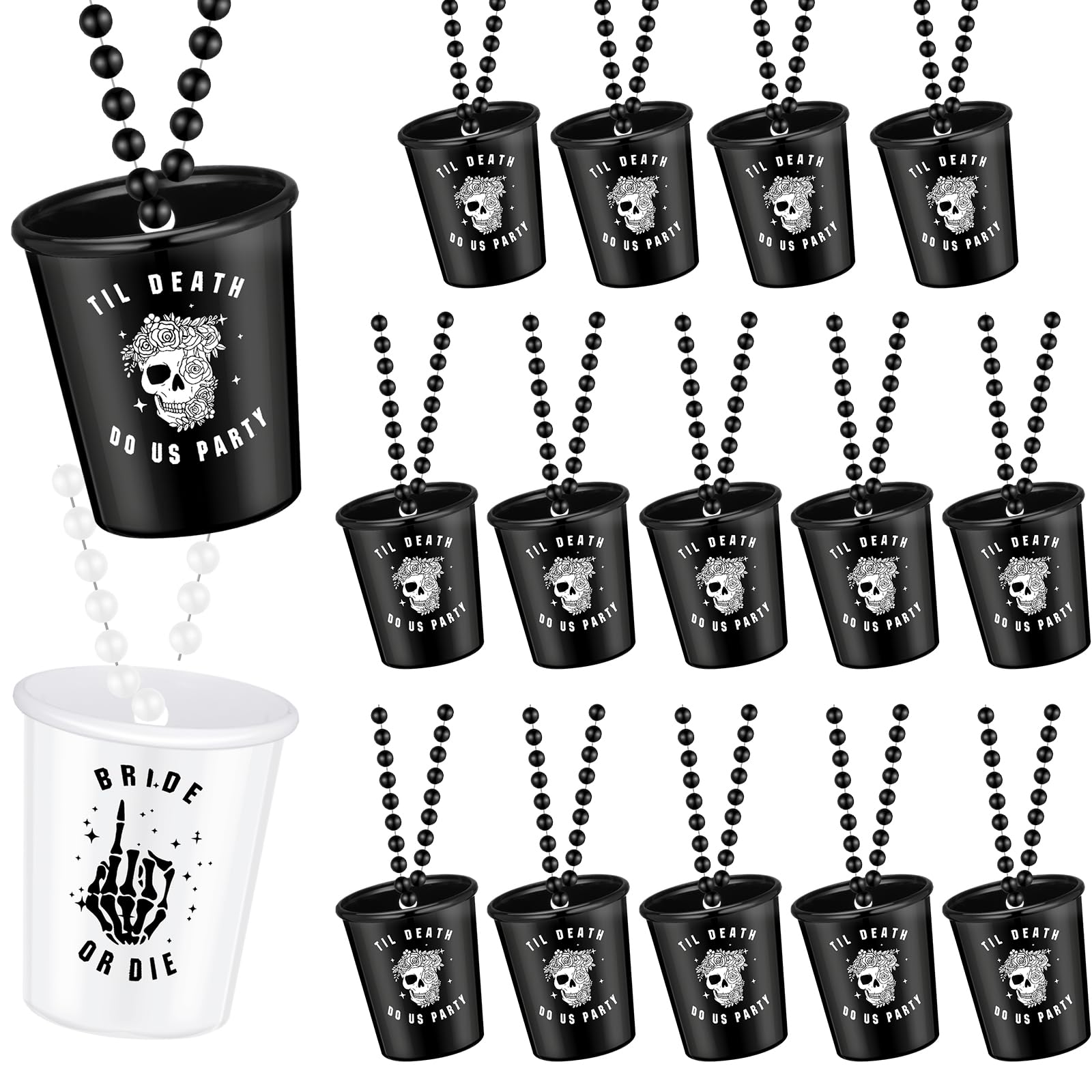 Norme 16 Pcs Bride or Die Plastic 2 oz Shot Glass Necklaces Till Death Do Us Party Halloween Bachelorette Party Decorations with Plastic Beads Gothic Skull Bridal Shower Party Favor for Wedding Supply