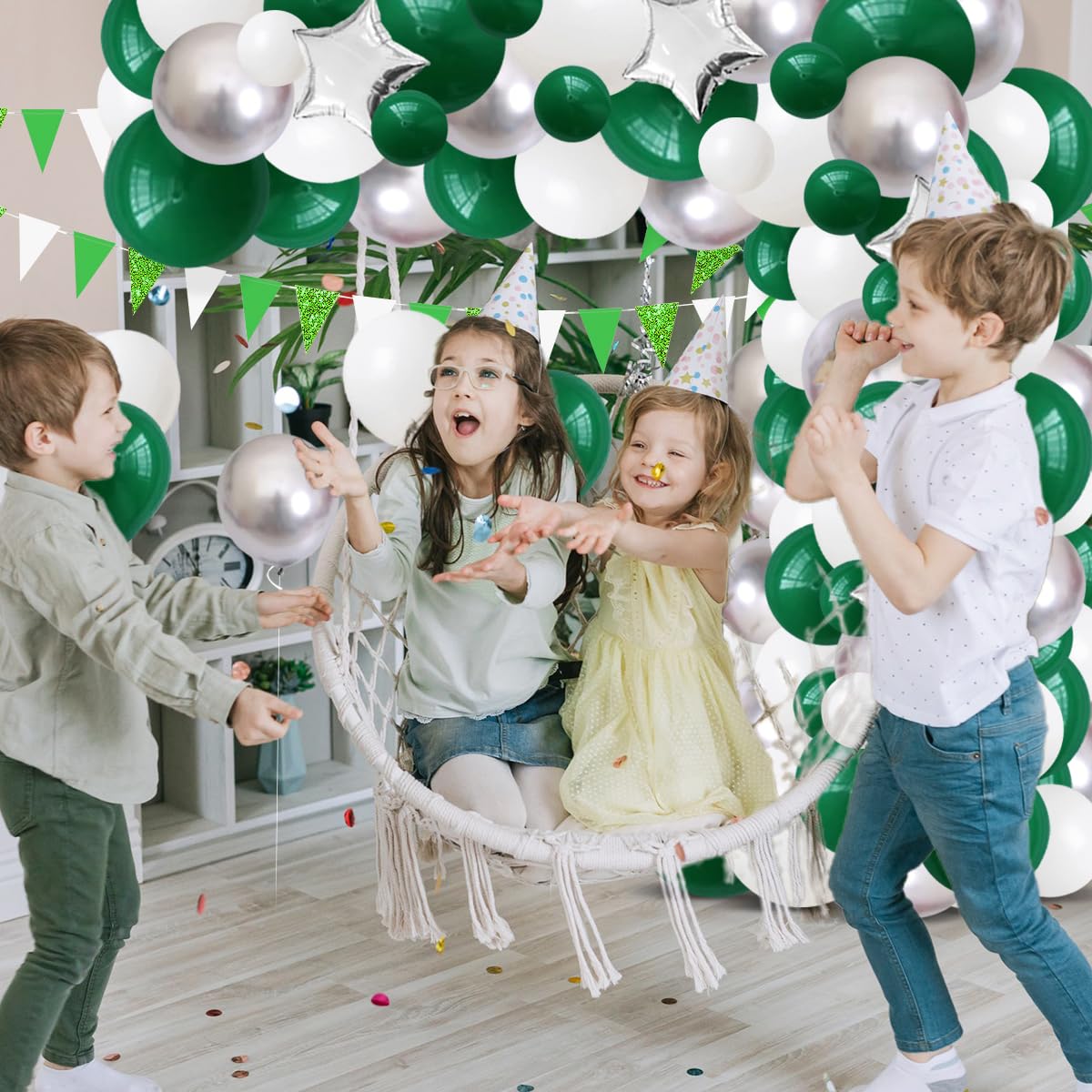 Emerald Green Silver White Balloon Garland Arch, Dark Green White Balloons Green Metallic Silver 2024 Graduation Party for Camo Military Video Game Birthday Jungle Baby Shower Anniversary Party