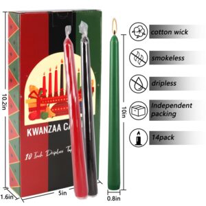 Set of 14 Kwanzaa Taper Candles, 6 Red, 6 Green, 2 Black Mishumaa Saba Candle Set, 10 Inch Dripless Tall Candle Stick for Kwanzaa, 7-7.5 Hour Burn Time