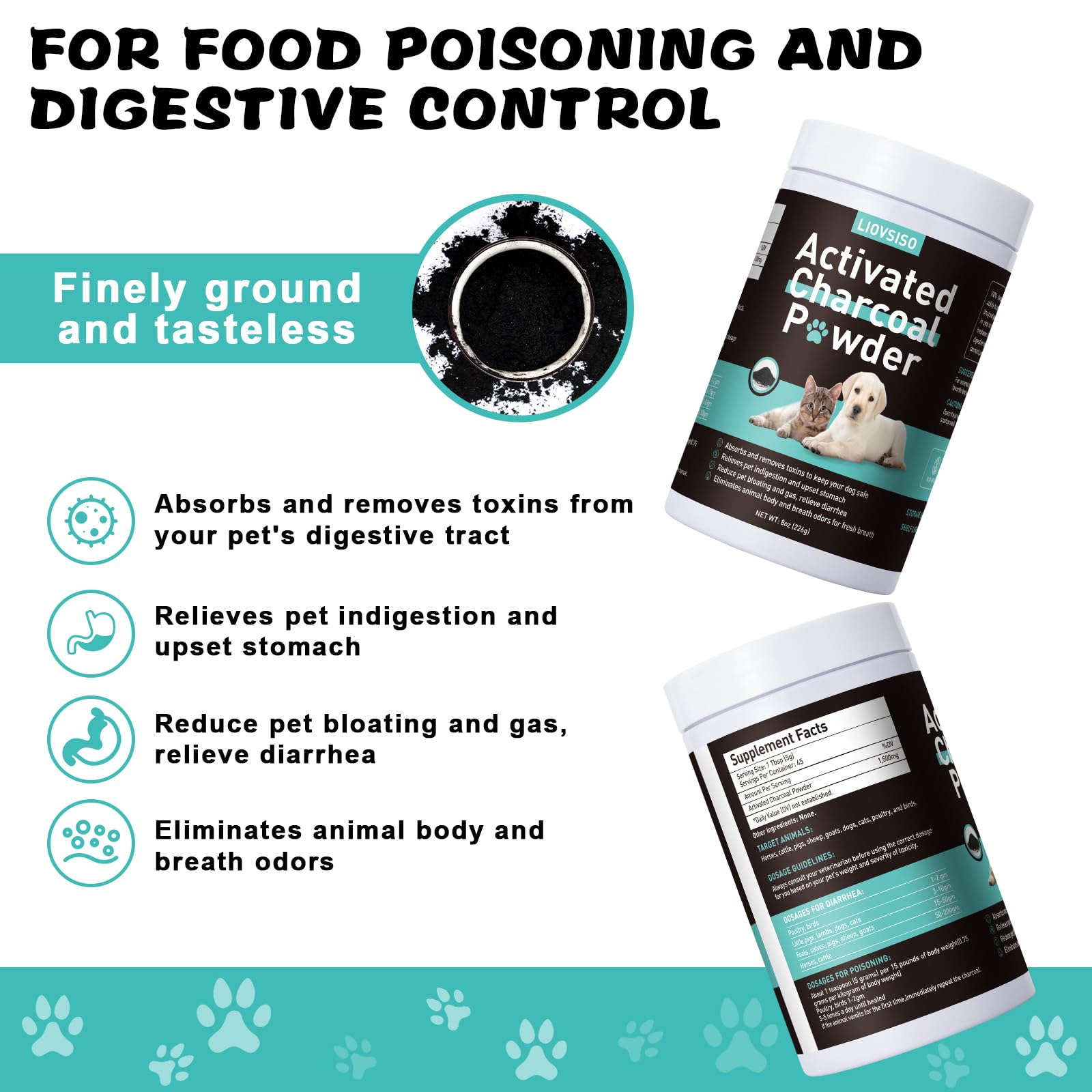 Activated Charcoal for Dogs -Pet First Aid Kit Detox Powder 8oz - for All Pets & Livestock - Poisoning, Diarrhea, Gas Relief